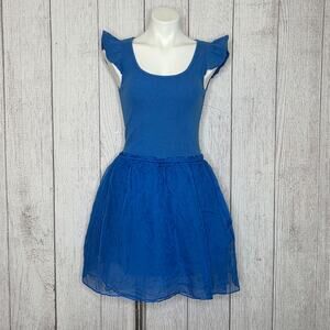 Y2K Betsey Johnson Blue Flutter Sleeve Dress | Silk Overlay Skirt w/ Pockets | S